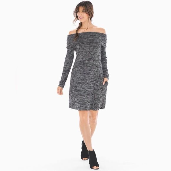 Soma Melange Off The Shoulder Long Sleeve Mini Cozy Dress Black Grey Size Small - Picture 7 of 9